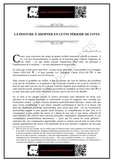 LA POSTURE À ADOPTER EN CETTE PÉRIODE DE FITNA (PDF)